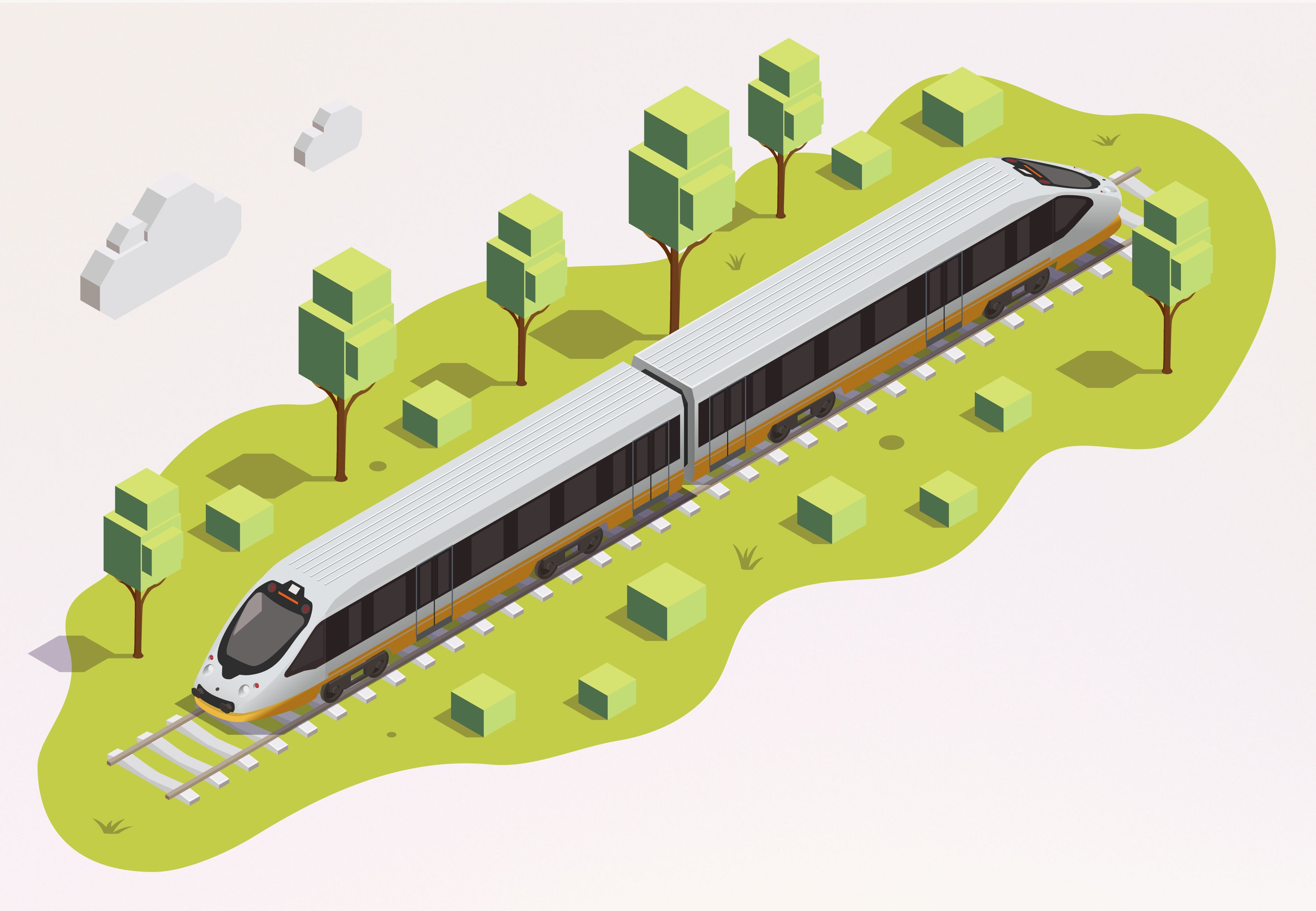 grafika: ilustracja izometryczna przedstawiająca pociąg wśród drzew