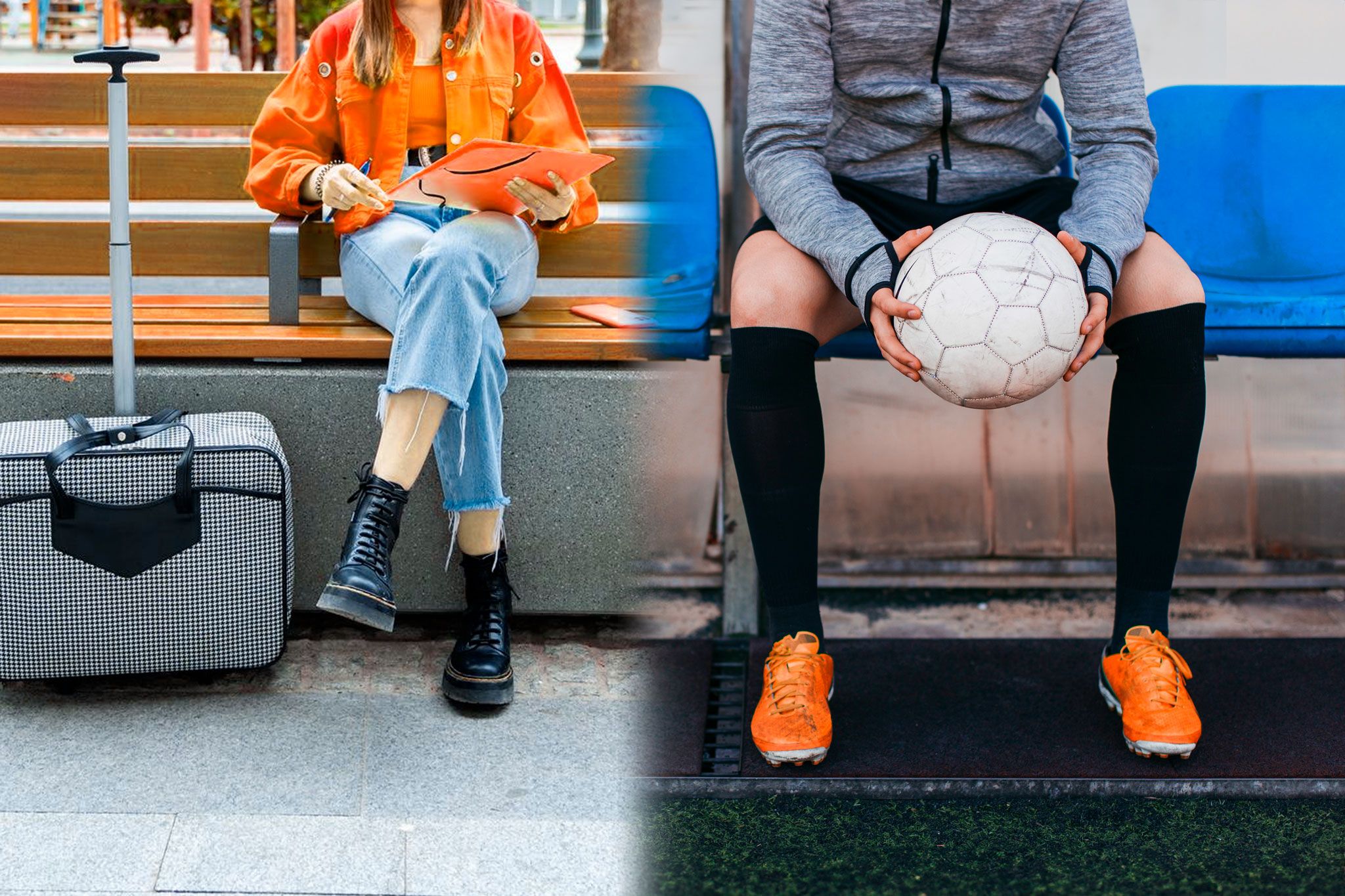 grafika: zdjecie podzielone na 2, po lewej dziewczyna z walizką czeka na pociąg na ławce, po prawej zawodnik piłki nożnej z piłką siedzi na ławce